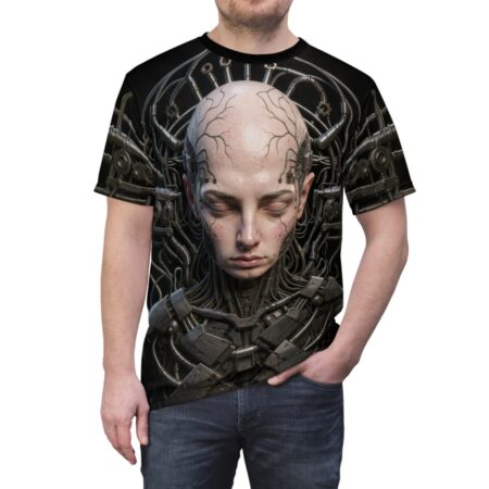 All over print t-shirt with a cyberpunk cyborg portrait and intricate mechanical details, featuring a seamless wrap around graphic.