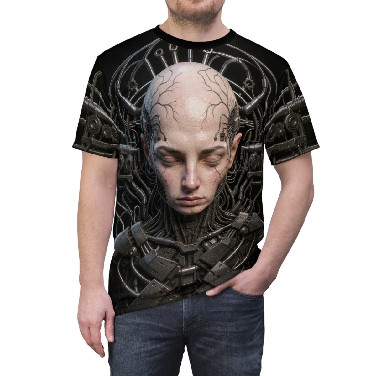 All over print t-shirt with a cyberpunk cyborg portrait and intricate mechanical details, featuring a seamless wrap around graphic.