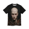 Cyberpunk cyborg portrait graphic t-shirt featuring intricate robotic neck and head details, a realistic human face with mechanical implants.