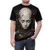 Black cyberpunk t-shirt showcasing a distressed cyborg portrait with intricate mechanical details and branch-like patterns on the head.