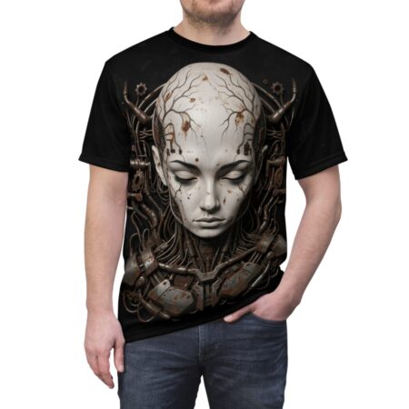 Black cyberpunk t-shirt showcasing a distressed cyborg portrait with intricate mechanical details and branch-like patterns on the head.