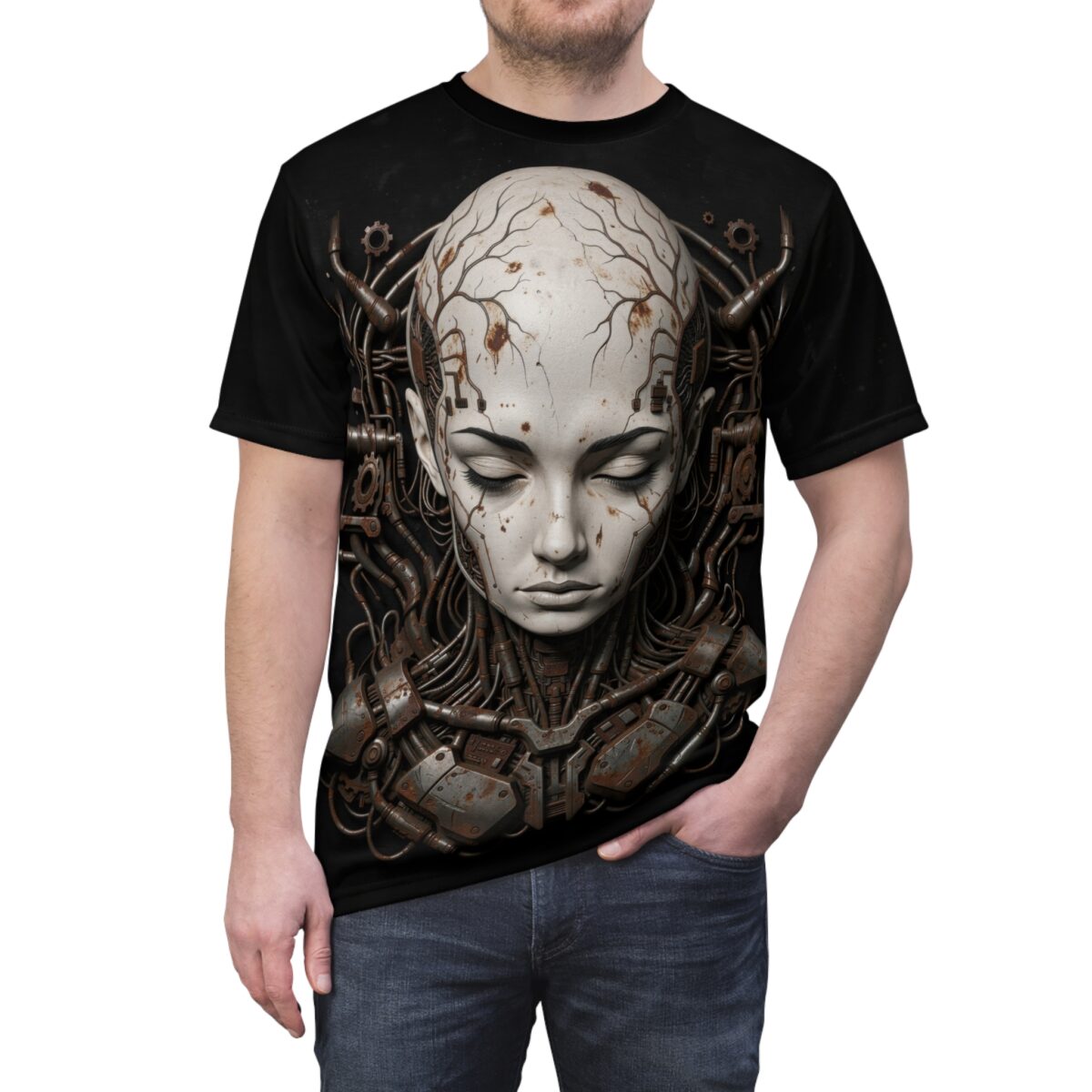 Black cyberpunk t-shirt showcasing a distressed cyborg portrait with intricate mechanical details and branch-like patterns on the head.