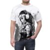 Cyberpunk woman with headphones graphic t-shirt, black and white all over print design.