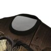Cyberpunk head graphic all over print sublimation tee with circuit board elements on wood grain background.
