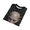 Cyberpunk all over print sublimation tee featuring a realistic bald head with cracked skin and mechanical wires, a trippy streetwear aesthetic.