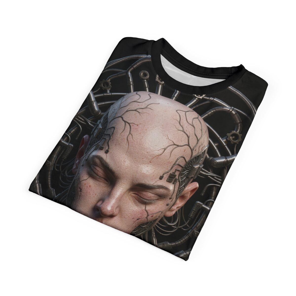 Black t-shirt featuring a close-up of a bald humanoid head with cybernetic implants and metallic tubes, printed with a detailed streetwear aesthetic.