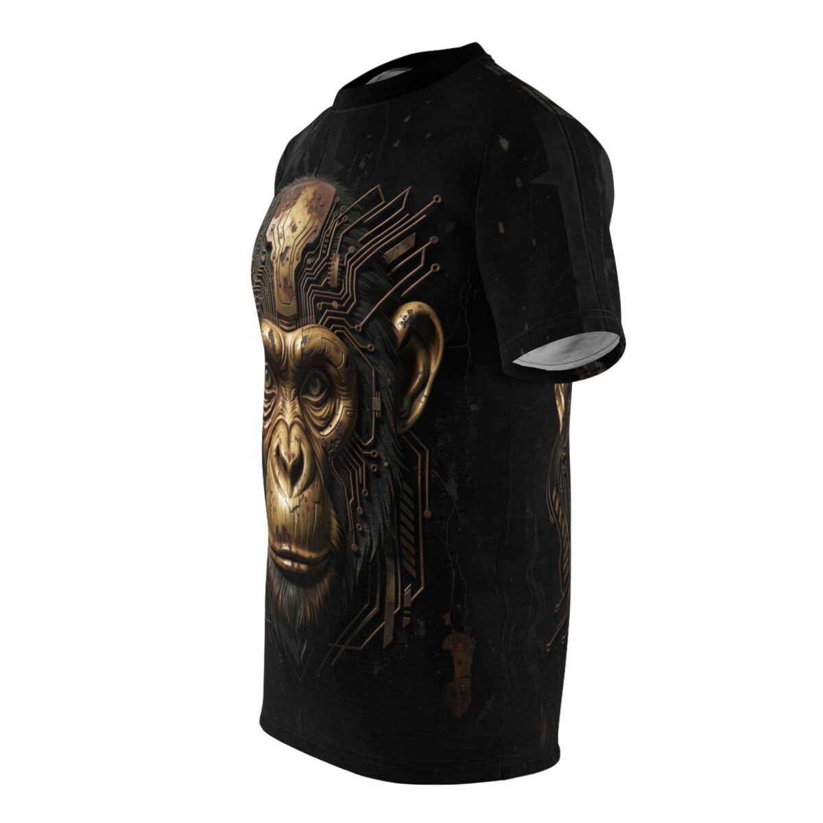 All over print sublimation tee featuring a gold cyberpunk monkey head with circuit board details on a black background.