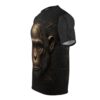 Cyberpunk monkey graphic all over print sublimation tee, featuring a gold mechanical chimpanzee face and circuit board patterns.