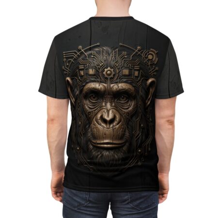 Cyberpunk monkey face with circuit board details sublimation tee featuring a detailed metallic graphic.