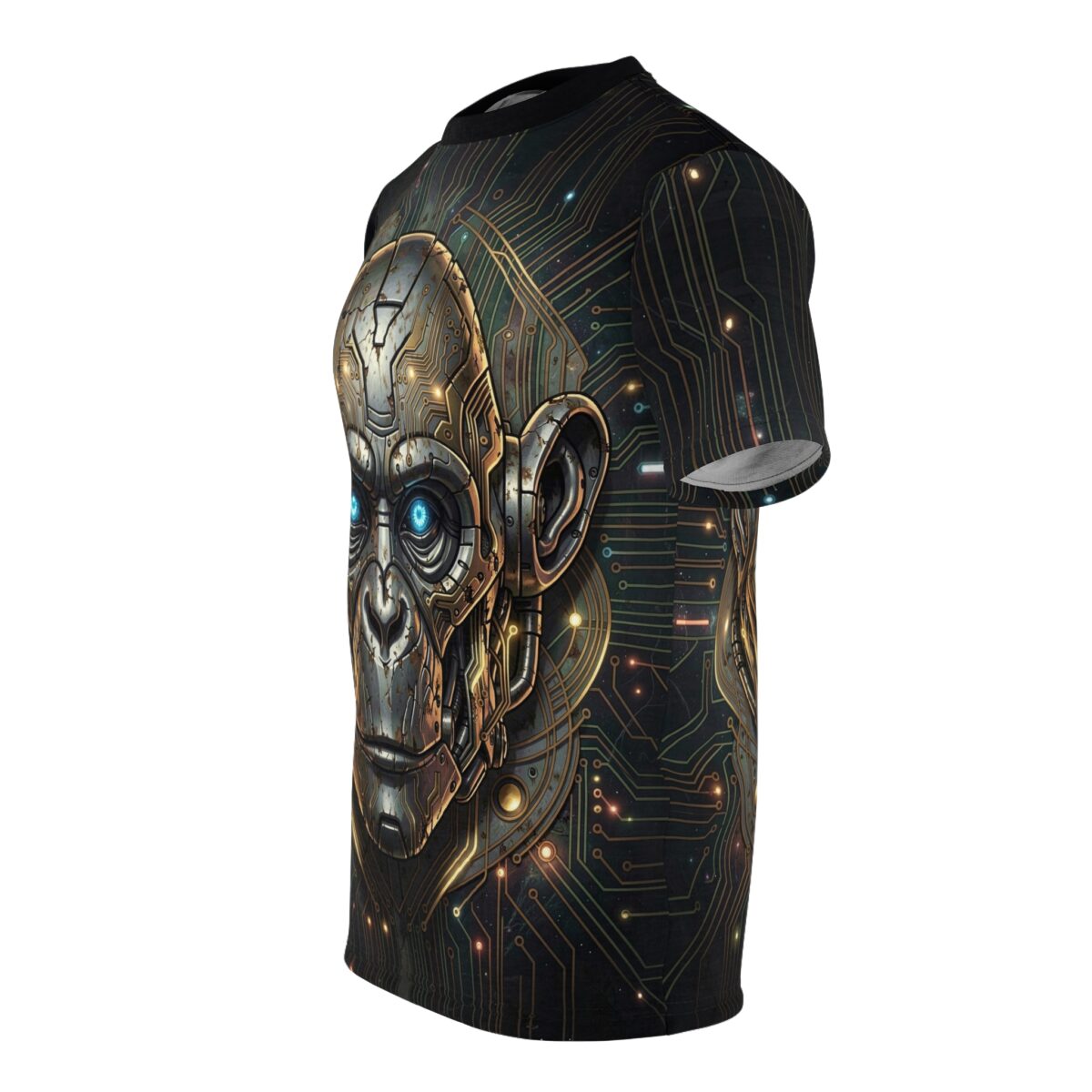 Cyberpunk monkey robot head with glowing blue eyes and circuit board pattern all over print sublimation tee.