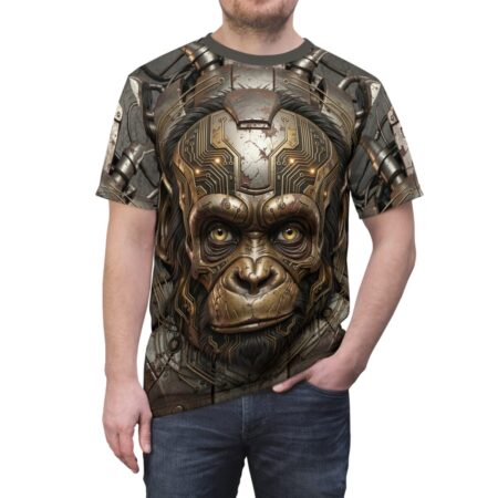 Cyberpunk monkey all over print sublimation tee featuring a metallic primate with circuit board details and robotic armor.