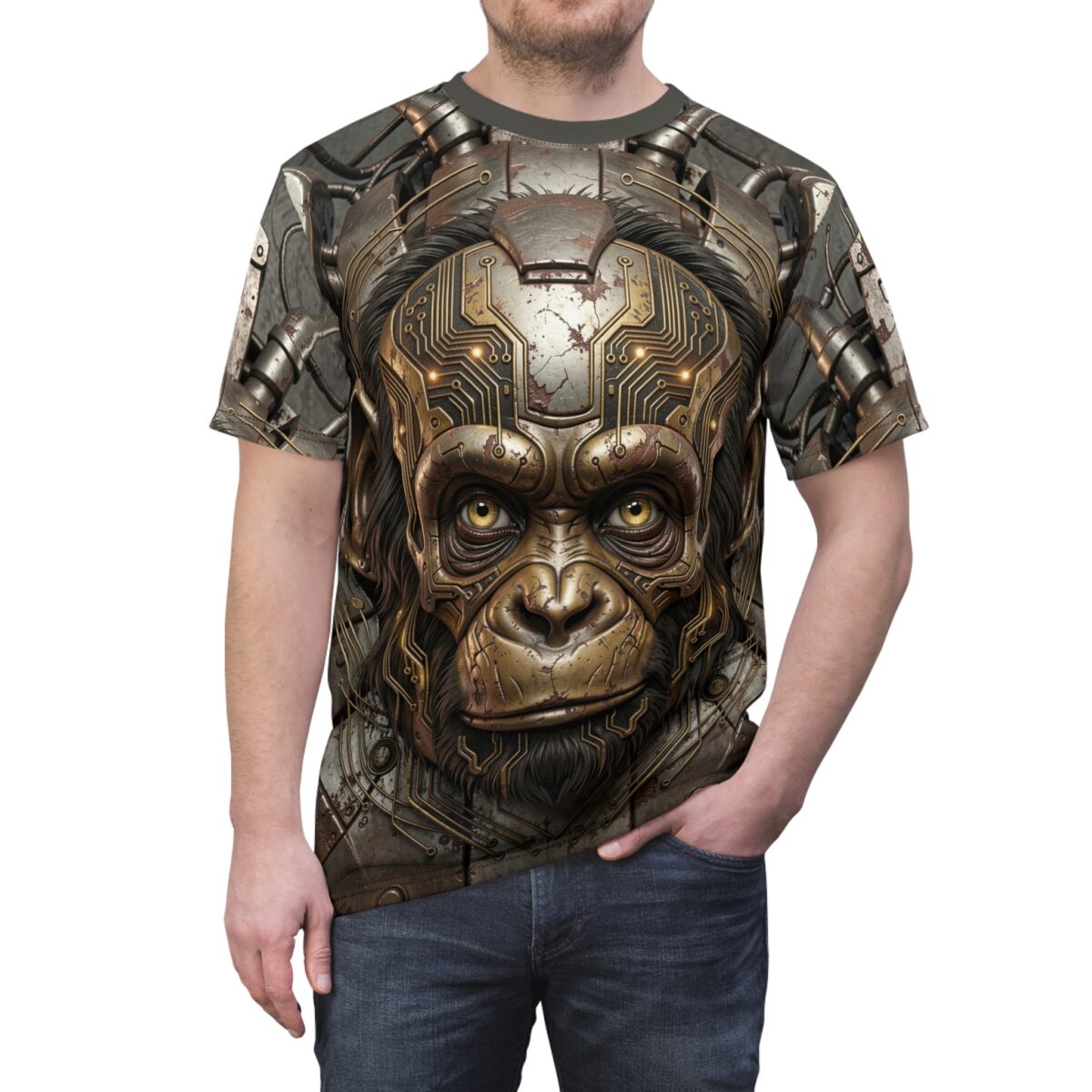 Cyberpunk monkey all over print sublimation tee featuring a metallic primate with circuit board details and robotic armor.