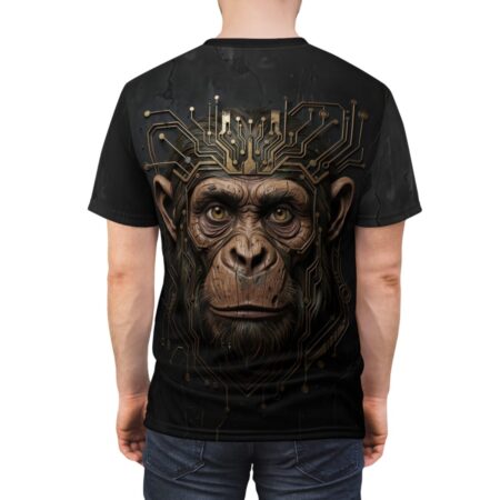 Cyberpunk monkey face with circuit board crown, all over print sublimation tee.