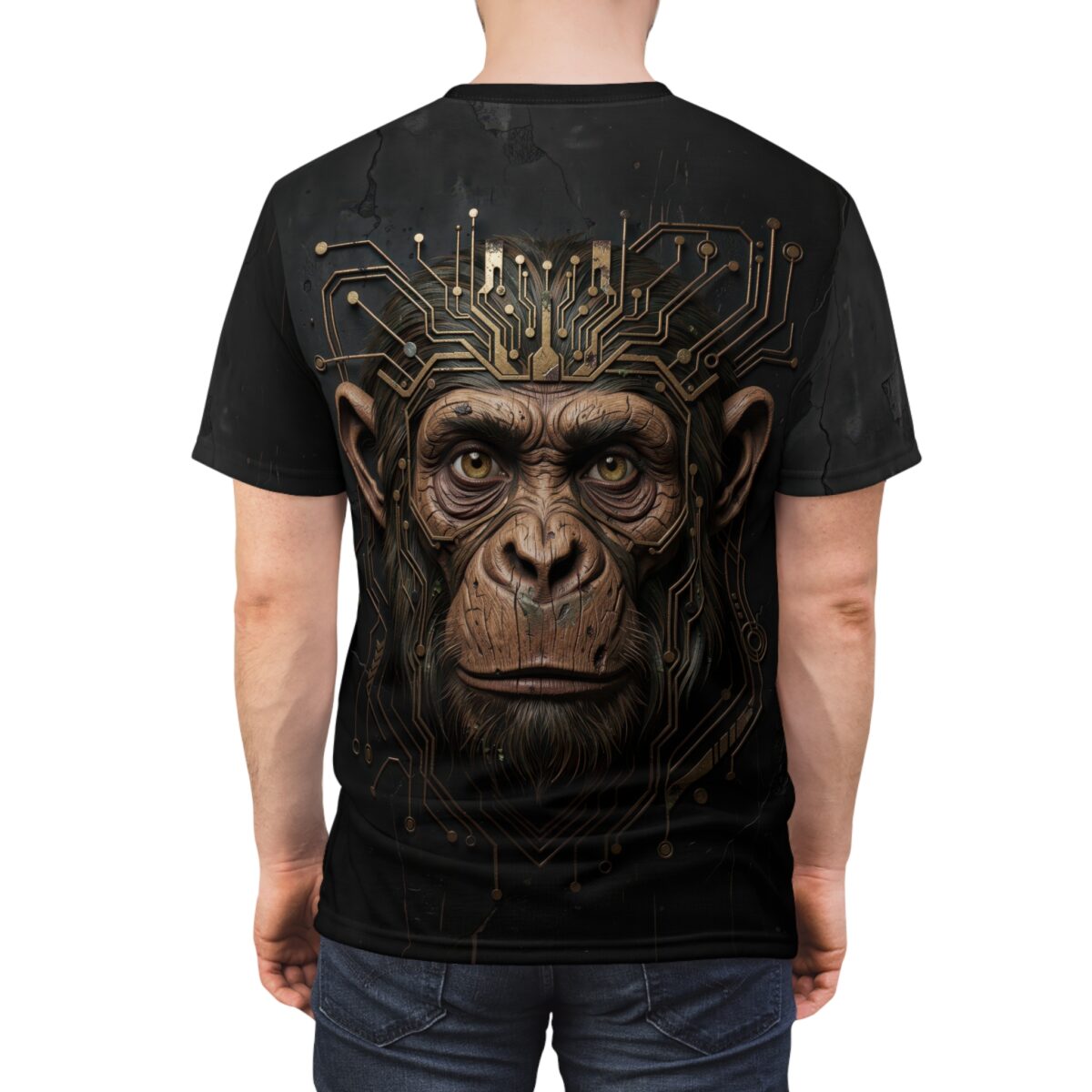 Cyberpunk monkey face with circuit board crown, all over print sublimation tee.