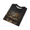 Black all over print t-shirt featuring a cyberpunk monkey face with intricate golden circuit board headpiece.