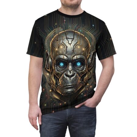 Cyberpunk monkey head graphic sublimation tee with glowing blue eyes and circuit board pattern.