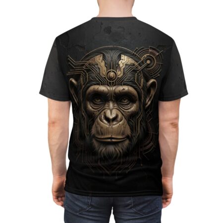 Cyberpunk monkey graphic all over print sublimation tee featuring intricate circuit board head design.