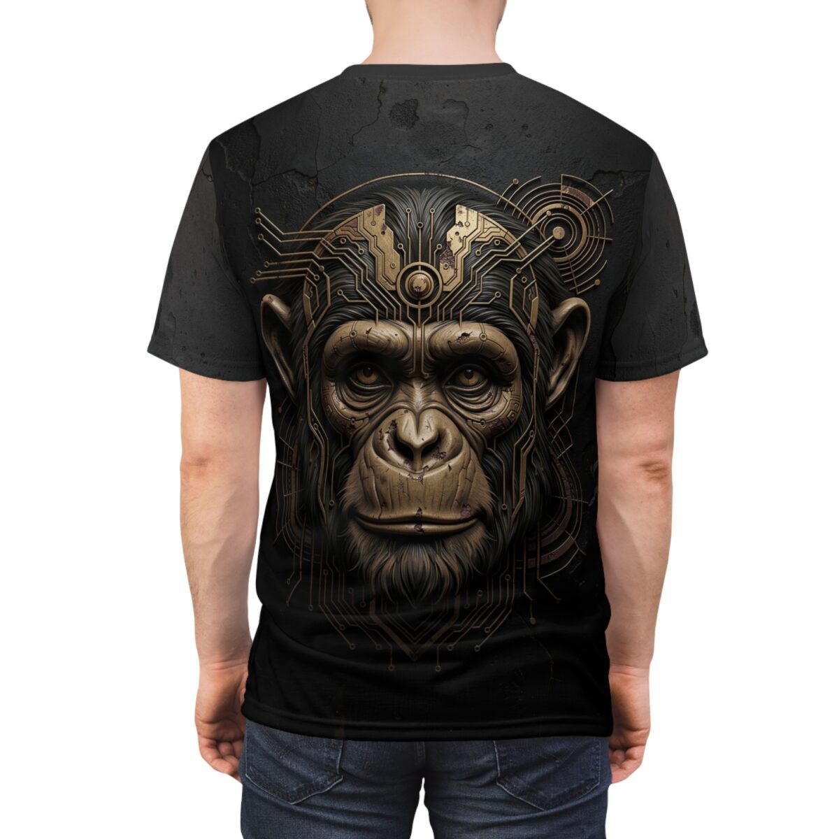 Cyberpunk monkey graphic all over print sublimation tee featuring intricate circuit board head design.