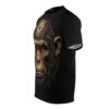 Black all over print sublimation tee featuring a cyberpunk monkey face with intricate gold circuit board details.
