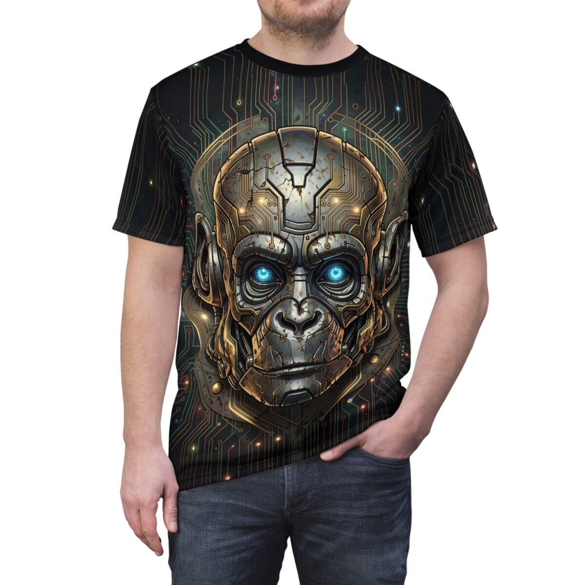 Cyberpunk monkey head graphic sublimation tee with glowing blue eyes and circuit board pattern.