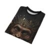 Black t-shirt featuring a detailed cyberpunk monkey face with glowing eyes and intricate gold circuit board crown graphic.