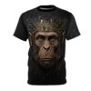 Black cyberpunk t-shirt with a detailed monkey face wearing a gold circuit board crown and intricate robotic embellishments.
