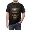 Cyberpunk monkey head graphic tee with intricate circuit board details on a black t-shirt.