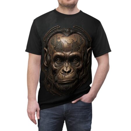 Cyberpunk monkey head graphic tee with intricate circuit board details on a black t-shirt.