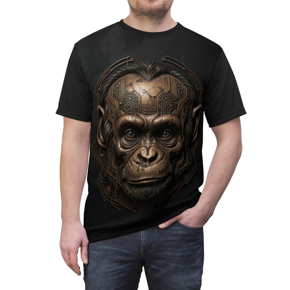 Cyberpunk monkey head graphic tee with intricate circuit board details on a black t-shirt.