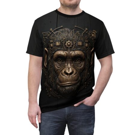 Cyberpunk monkey face graphic t-shirt with intricate circuitry design. Streetwear aesthetic, perfect for cyber grunge style.
