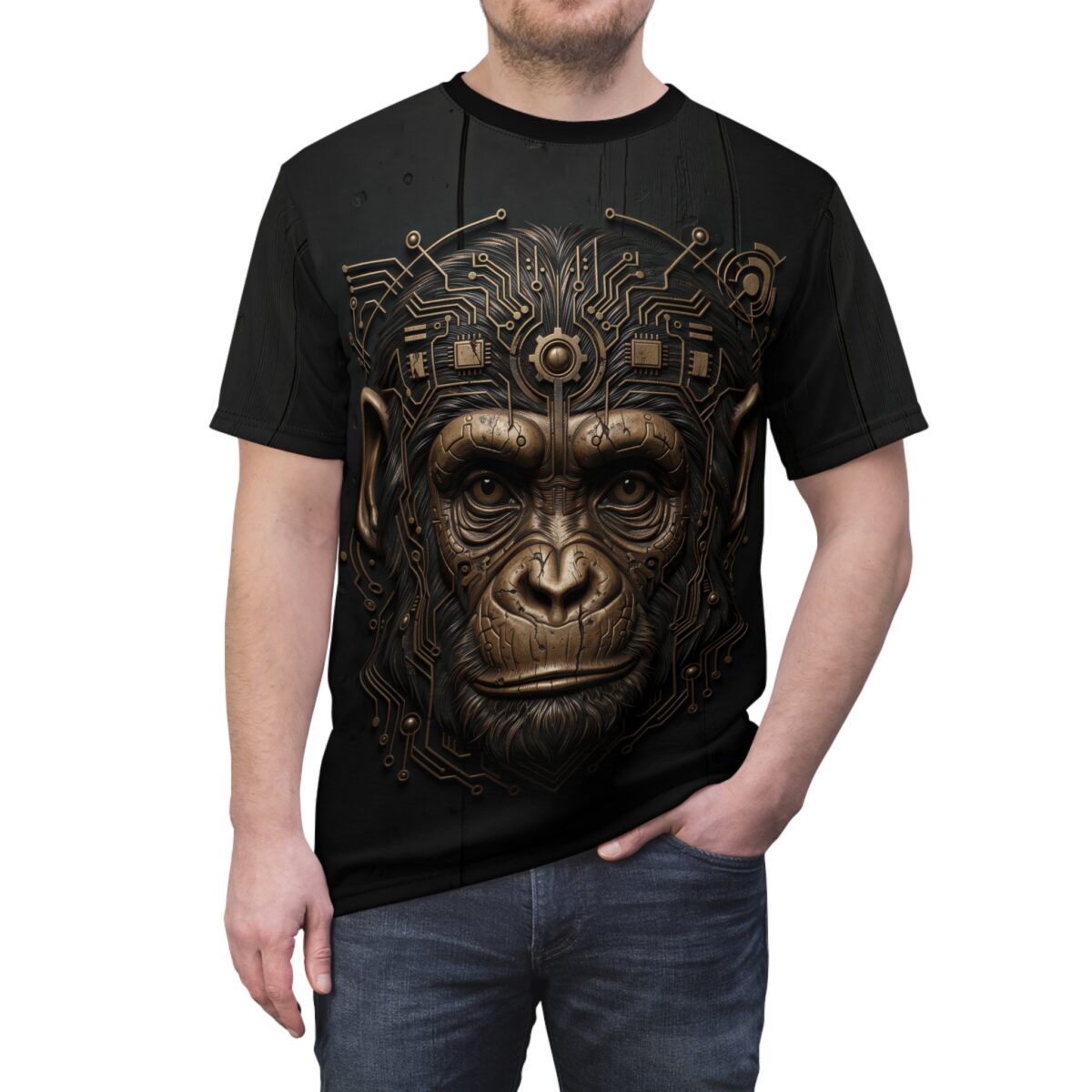 Cyberpunk monkey face graphic t-shirt with intricate circuitry design. Streetwear aesthetic, perfect for cyber grunge style.