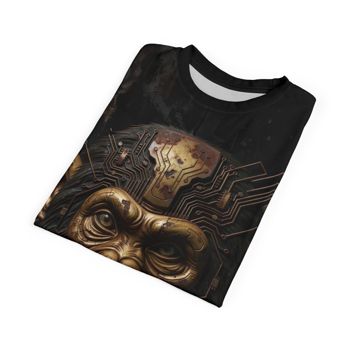Cyberpunk monkey face with golden circuits graphic on a black all over print sublimation tee.