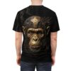 Cyberpunk monkey face graphic on a black t-shirt, featuring intricate gold circuit board details on its head.