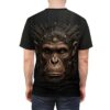Cyberpunk monkey face with circuit board crown on black sublimation tee, detailed tech graphic.