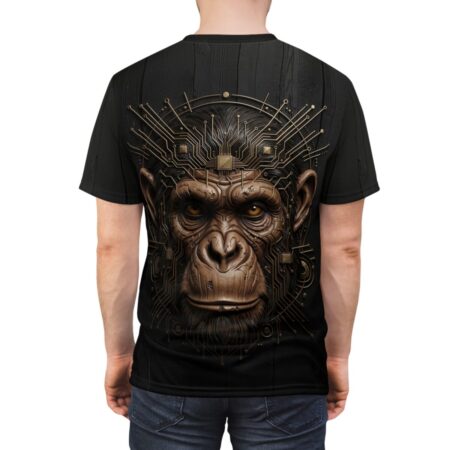 Cyberpunk monkey face with circuit board crown on black sublimation tee, detailed tech graphic.