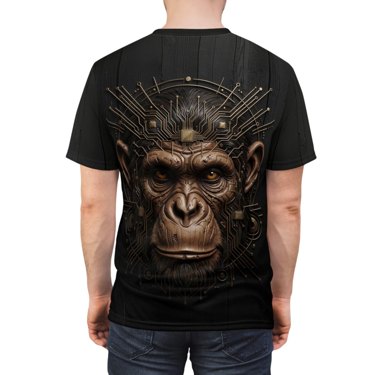 Cyberpunk monkey face with circuit board crown on black sublimation tee, detailed tech graphic.