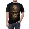 Black t-shirt with cyberpunk monkey graphic featuring circuit board details around the head and golden eyes.