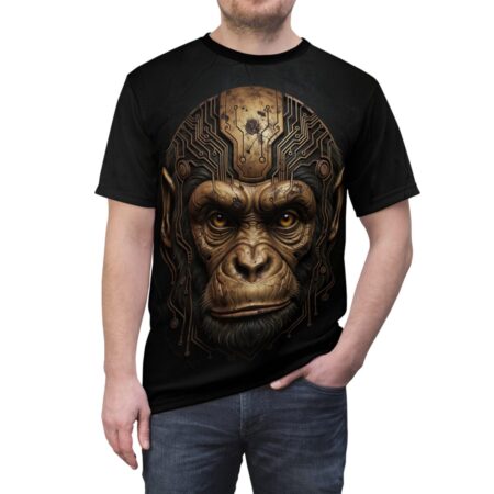 Black t-shirt with cyberpunk monkey graphic featuring circuit board details around the head and golden eyes.