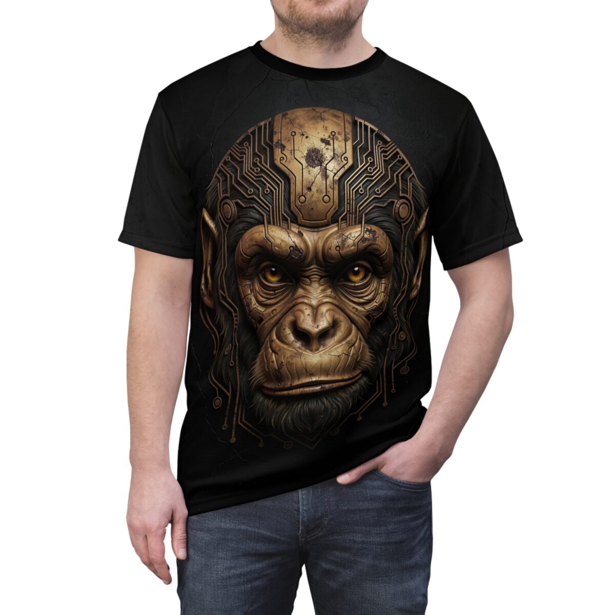 Black t-shirt with cyberpunk monkey graphic featuring circuit board details around the head and golden eyes.