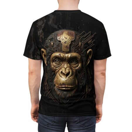 Cyberpunk monkey face graphic on a black t-shirt, featuring intricate gold circuit board details on its head.