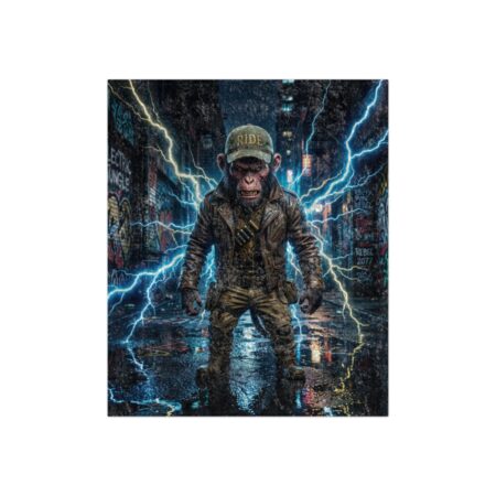 Cyberpunk monkey in leather jacket and 'RIDE' hat, standing in rainy city with lightning.