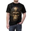 Cyberpunk monkey head graphic sublimation tee with intricate gold circuit board details. Streetwear aesthetic all over print t-shirt.