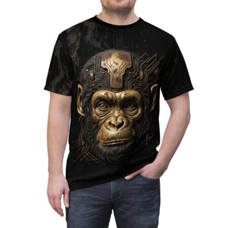 Cyberpunk monkey head graphic sublimation tee with intricate gold circuit board details. Streetwear aesthetic all over print t-shirt.