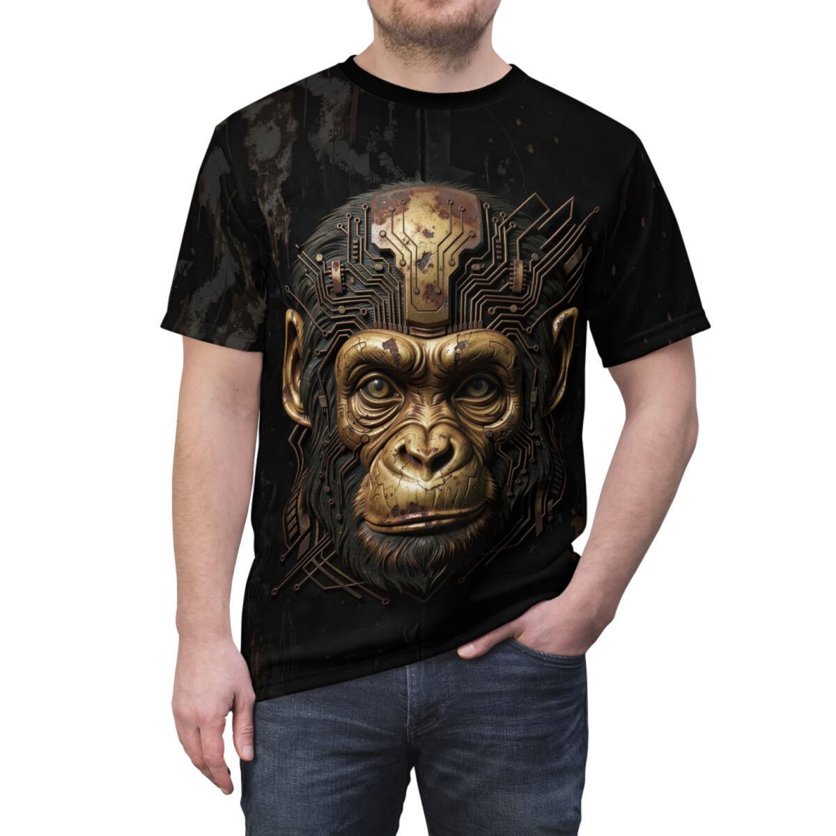 Cyberpunk monkey head graphic sublimation tee with intricate gold circuit board details. Streetwear aesthetic all over print t-shirt.