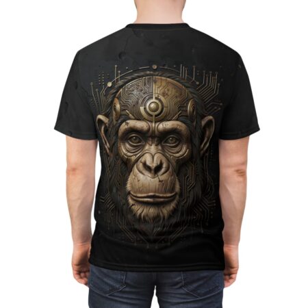 Cyberpunk monkey head with circuit board details on a black all over print sublimation tee.