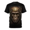 Black t-shirt featuring a detailed cyberpunk monkey head graphic with intricate gold circuitry and amber eyes.