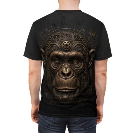 Black graphic t-shirt featuring a detailed steampunk monkey head with circuit board elements.