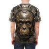 Cyberpunk robotic monkey head graphic all over print sublimation tee with intricate circuits and metallic textures.