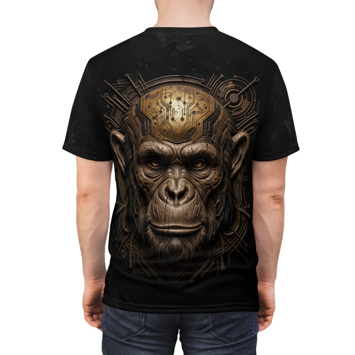Black cyberpunk monkey head graphic t-shirt with intricate metallic and circuit details on the face.