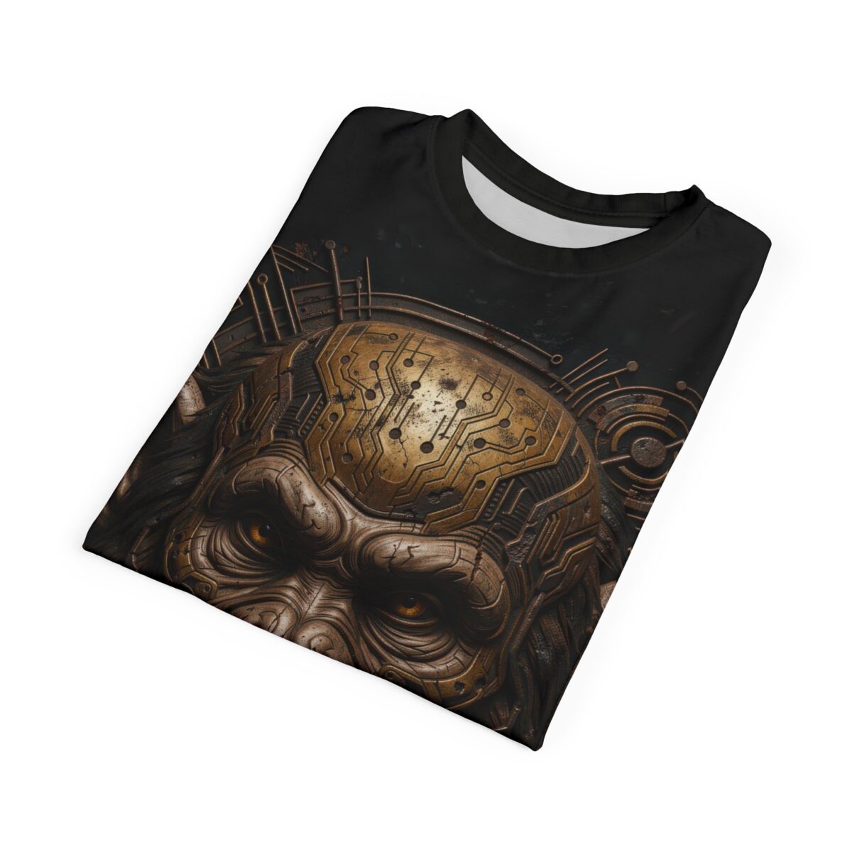 Black t-shirt with a detailed cyberpunk monkey head graphic featuring golden circuit board elements and piercing orange eyes.